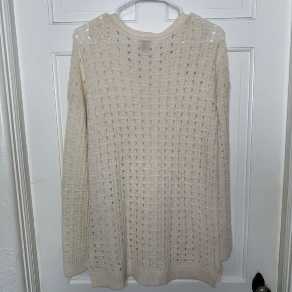 Anne Klein XL Cream V Neck Sweater Wool Angora Blend Open Knit Pullover Textured - Picture 2 of 4
